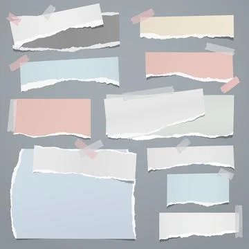 Torn of white and colorful note, notebook paper strips, pieces stuck on blue Stock Illustration