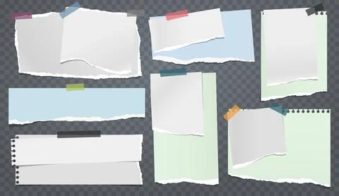 Torn white and colorful note, notebook paper strips and pieces stuck with sticky Stock Illustration