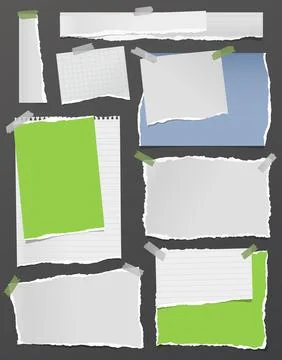 Torn white and colorful note, notebook paper strips and pieces stuck on black Stock Illustration