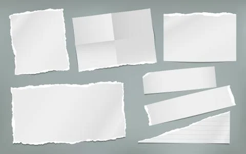 Torn white and folded note, notebook paper pieces stuck on green background Illustrazione stock