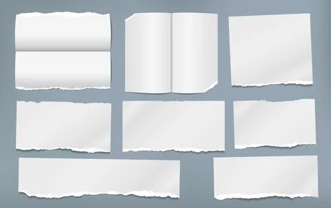 Torn white and folded note, notebook paper pieces stuck on blue background Stock Illustration