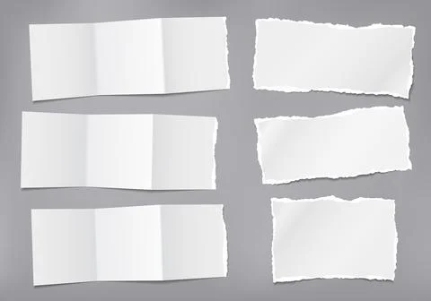 Torn white and folded note, notebook paper pieces stuck on grey background Stock Illustration