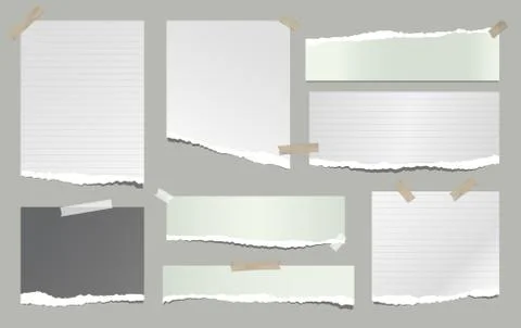 Torn of white and green note, notebook paper strips, pieces stuck with sticky Stock Illustration