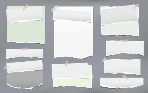 Torn of white and green note, notebook paper strips, pieces stuck on dark grey Stock Illustration