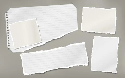 Torn white and lined note, notebook paper pieces stuck on brown background Stock Illustration