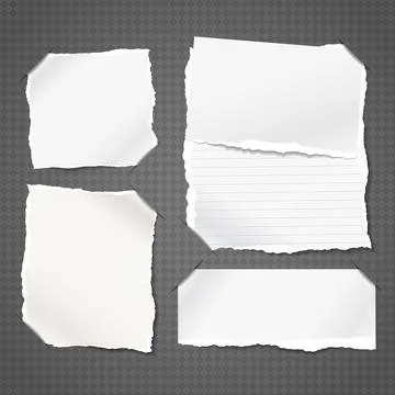 Torn white and lined note, notebook paper pieces stuck on black squared Illustrazione stock