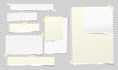 Torn white and yellow note, notebook paper pieces stuck with sticky tape on Stock Illustration
