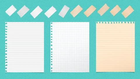 Torn of white, brown note, notebook paper with sticky tape are on turquoise Illustrazione stock