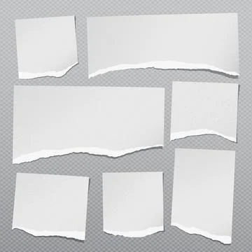 Torn white grainy note, notebook paper strips, pieces stuck on grey squared Stock Illustration