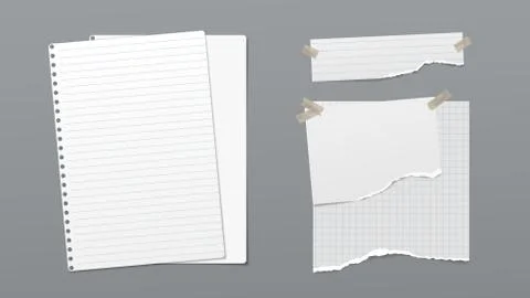 Torn of white lined and blank note, notebook paper are on dark gray background Stock Illustration