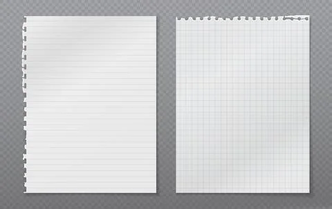 Torn of white, lined and squared note, notebook paper with soft shadow stuck on Stock Illustration