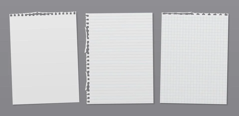 Torn of white lined, math note, notebook paper are on dark grey background for Stock Illustration