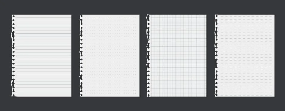 Torn of white lined, math note, notebook paper are on dark grey background for Stock Illustration