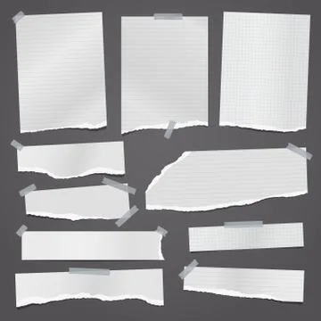 Torn of white lined note, notebook paper strips, pieces stuck with sticky tape Stock Illustration