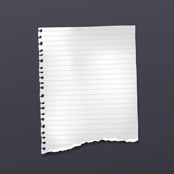 Torn of white lined note, notebook paper is on black background for text Stock Illustration
