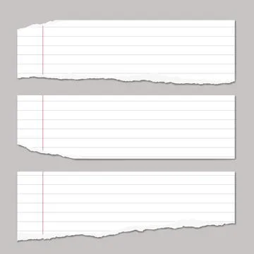 Torn white lined note, notebook paper pieces stuck on grey background. Vector Stock Illustration