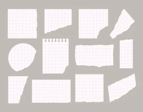 Torn white lined, scetchbook, math note paper pieces vector illustrations set on Illustrazione stock