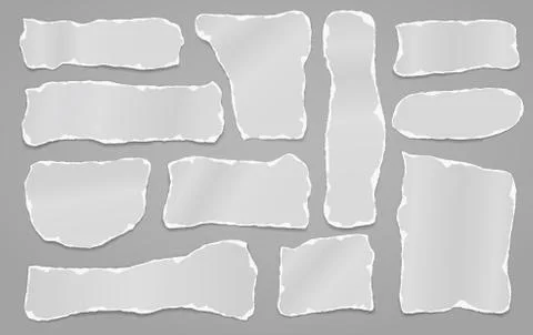 Torn of white note, notebook paper strips, pieces stuck with sticky tape on grey Stock Illustration