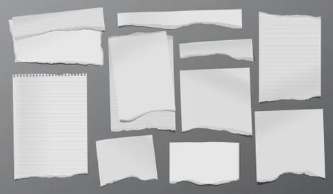 Torn of white note, notebook paper strips and pieces stuck on dark grey Stock Illustration