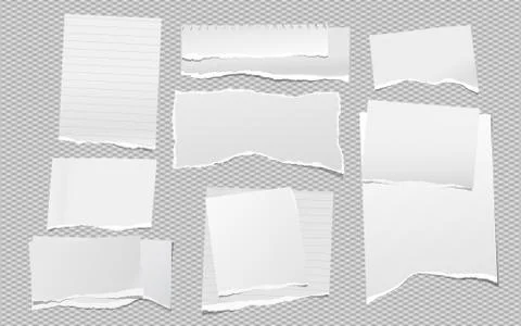 Torn of white note, notebook paper strips and pieces stuck on dark grey squared Stock Illustration