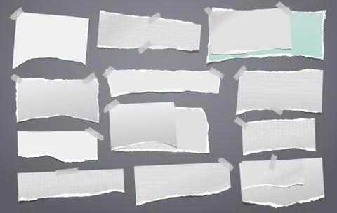 Torn of white note, notebook paper strips and pieces stuck with sticky on dark Illustrazione stock