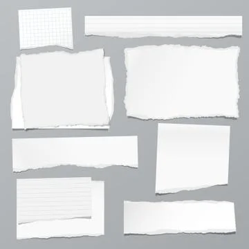Torn of white note, notebook paper strips and pieces stuck on grey background Stock Illustration