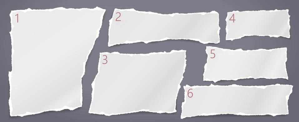 Torn of white note, notebook paper strips and pieces stuck on dark grey Stock Illustration