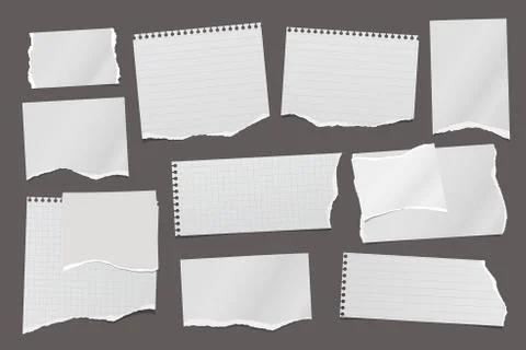 Torn of white note, notebook paper strips and pieces stuck on dark grey Illustrazione stock