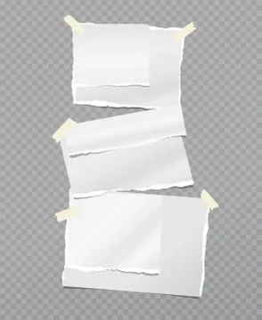 Torn white note, notebook paper strips stuck with sticky tape on dark grey Stock Illustration