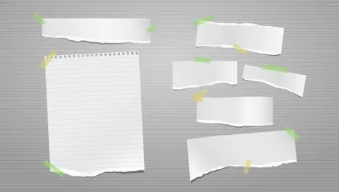 Torn of white note, notebook paper strips and pieces stuck with sticky tape on Stock Illustration