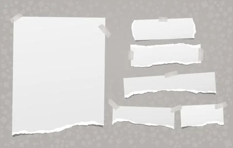 Torn of white note, notebook paper strips and pieces stuck with sticky tape on Stock Illustration
