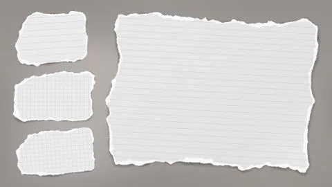 Torn of white note, notebook paper strips and pieces stuck on grey background Stock Illustration