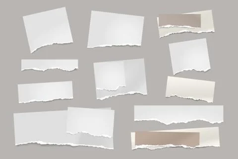 Torn of white note, notebook paper strips and pieces stuck on grey background Stock Illustration