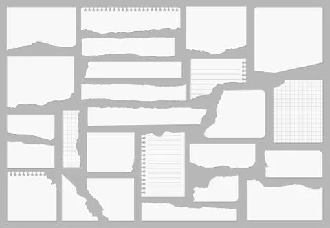 Torn white note, notebook paper strips stuck on gray background. Stock Illustration