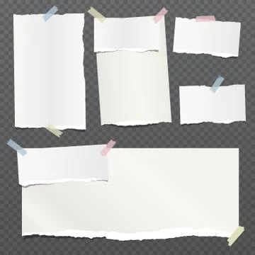 Torn white note, notebook paper pieces stuck with sticky tape on black squared Illustrazione stock