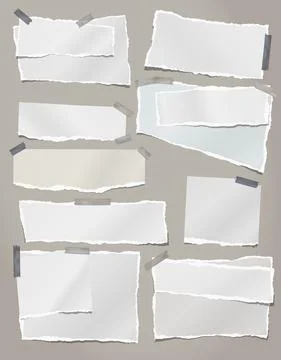 Torn white note, notebook paper strips and pieces stuck on grey background Stock Illustration