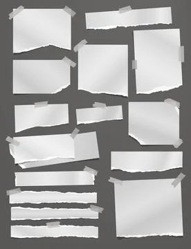 Torn white note, notebook paper strips and pieces stuck on dark grey background Stock Illustration