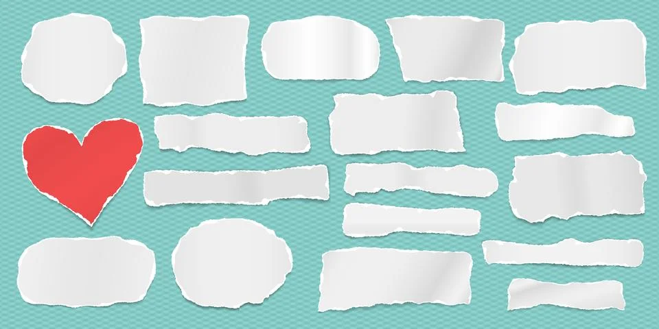 Torn of white note, notebook paper strips, pieces with soft shadow stuck on Stock Illustration