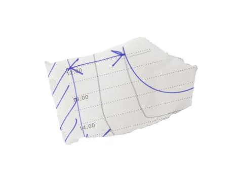 Torn white notebook paper fragment with blue pen arrows, lines, and handwritt Stock Photos