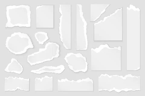 Torn white paper pieces of different shapes and colors, frames with ripped white Stock Illustration