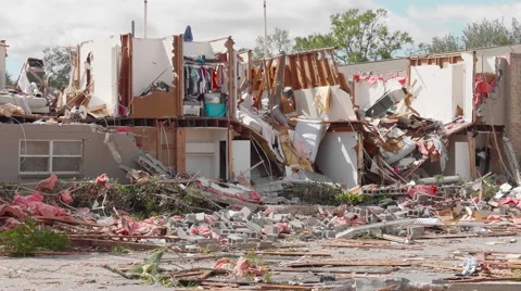 Tornado aftermath - damaged Apartments Stock Footage 60733346