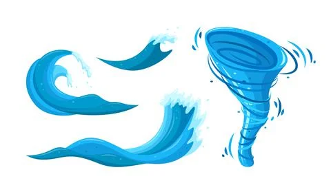 Tornado and tsunami waves set. Ocean storm with whirpool and waves. Vector Stock-Illustration