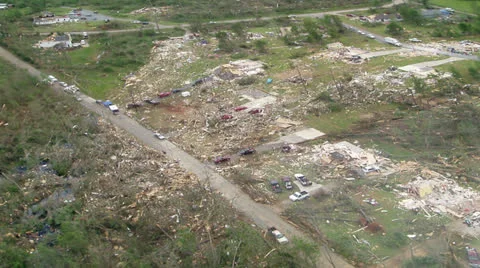 Tornado Damage Destruction path through small residential community. Stock Footage 22565057