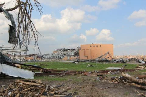 Tornado Damage - Distant High School Gymnasium Stock Photos