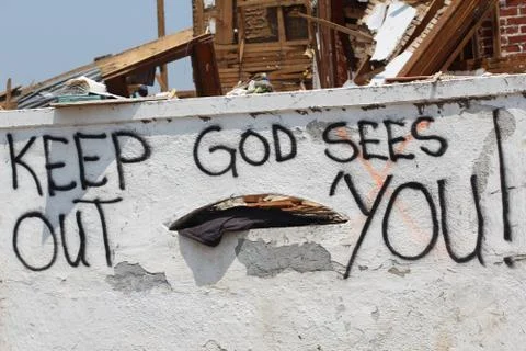 Tornado Damage - With a message to anyone up to no good Stock Photos