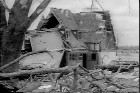 Tornado Devastation Southeast Michigan 1964 archival footage Stock Footage 106547568