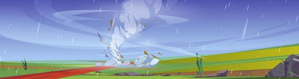 Tornado on fields with green grass and road Illustrazione stock