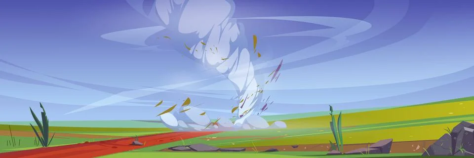 Tornado on fields with green grass and road Illustrazione stock