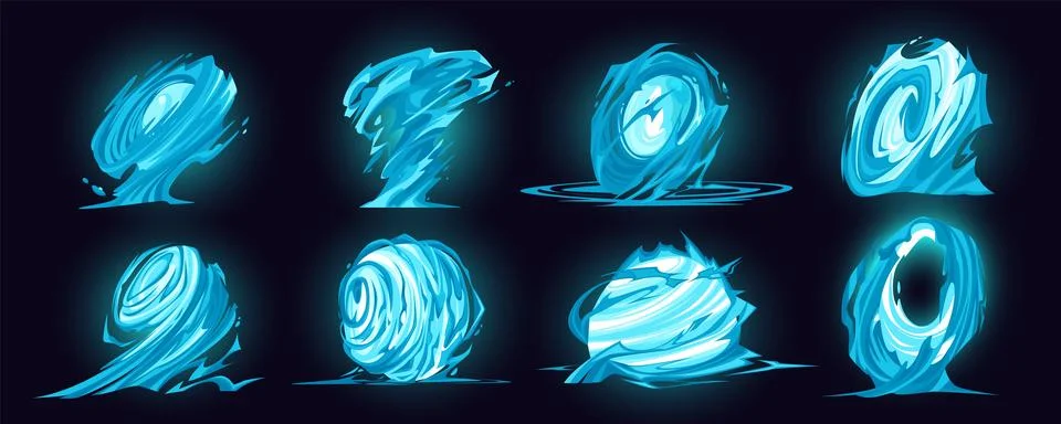 Tornado game effect. Comic VFX. Storm vortex. Cartoon twister icon. Blue Illustrazione stock