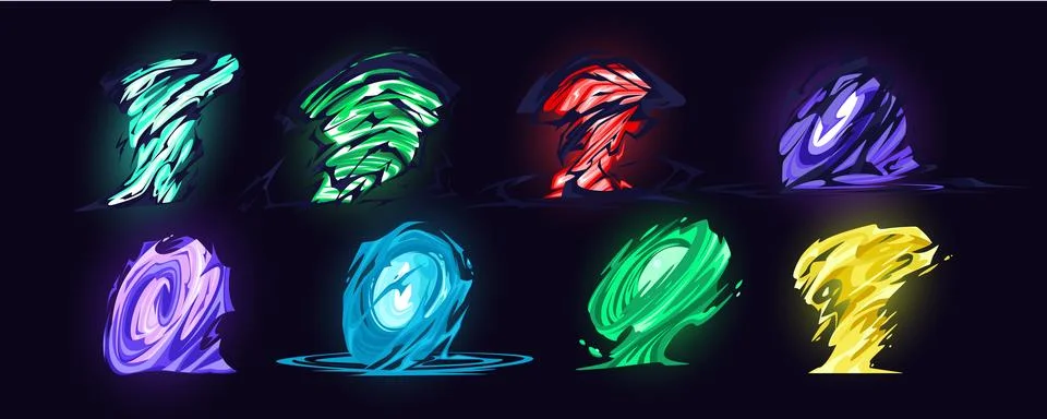 Tornado game effect. Comic VFX. Magic storms. Energy vortexes. Cyclone funnels Stock Illustration